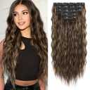 REECHO Clip in Hair Extensions, 5PCS Brown Hair Extensions 24" Thick Long Loose Waves hair extensions HE002 Invisible Lace Weft Natural Soft Hairpieces for Women  Dark Brown with Highlights