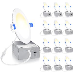 Ensenior 12 Pack 4 Inch LED Recessed Light, Dimmable, 3000K-5000K 3CCT, 750LM High Brightness, 9W 120V, 3 Pin, ERL-9X-ETL, Damp Rated, Ultra-Thin Canless Wafer Ceiling Light - ETL & FCC & IC