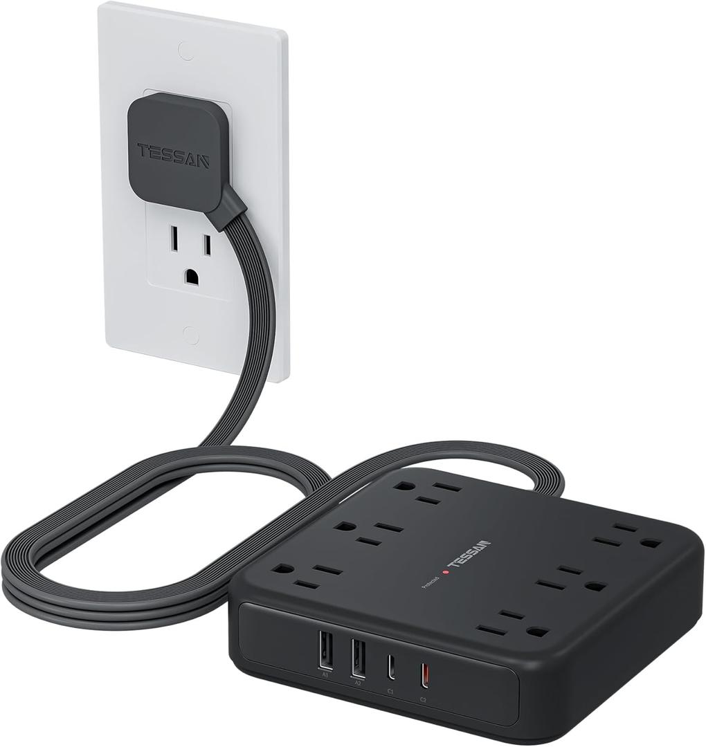 TESSAN Black Extension Cord with Fast Charger, Surge Protector Power Strip with 6 Outlets and 4 USB Ports (2 USB C), 2100 Joules Protection, Flat Plug, Multi Outlet Extender for Home, Office, Dorm (5 FT)