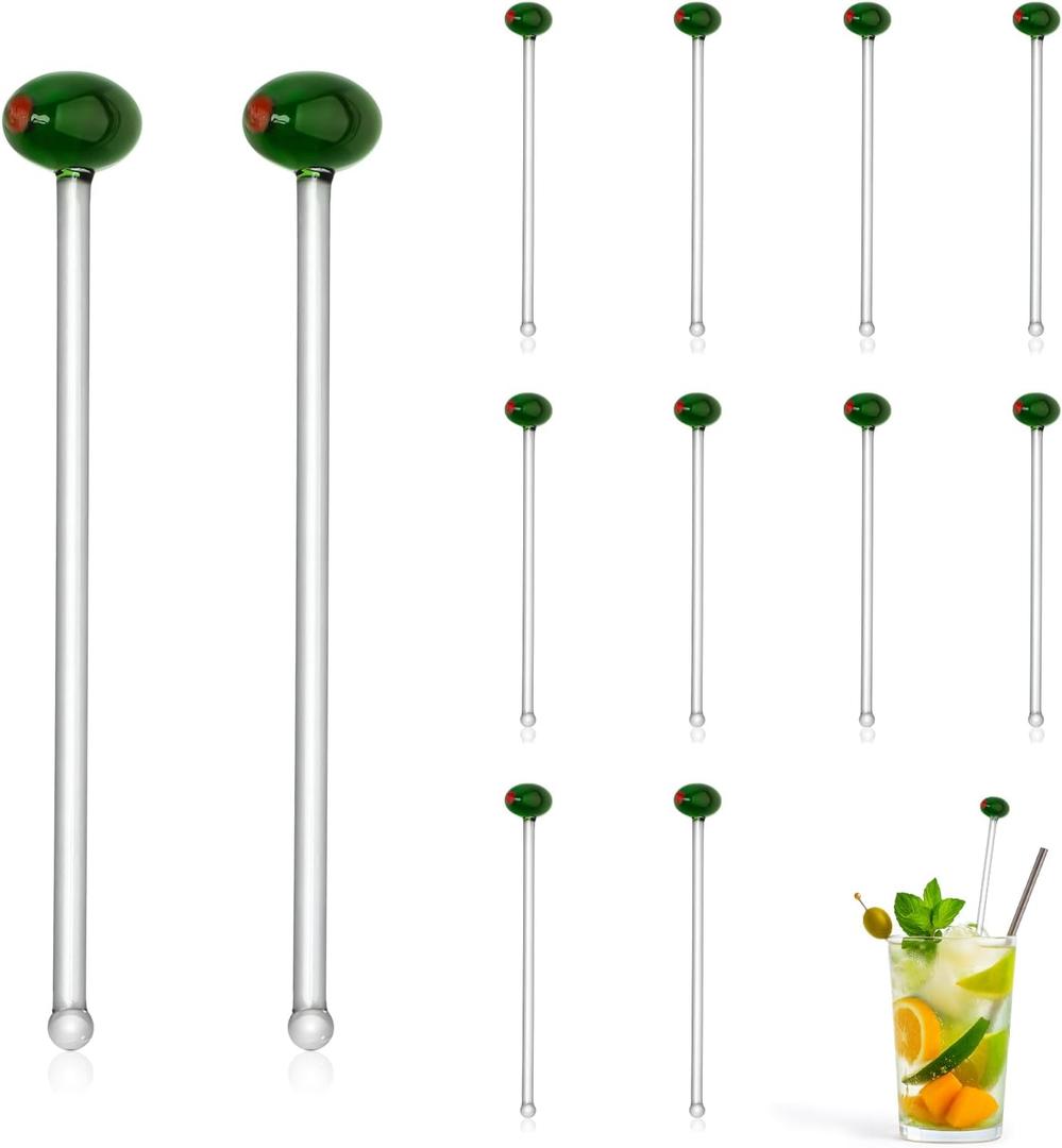 Qinyoung 12 Pcs Glass Martini Drink Stirrers 7 Inch Olive Swizzle Sticks for Cocktails Coffee Reusable Olive Beverage Stir Sticks for Birthday Party Coffee Bar Kitchen Bar Weddings