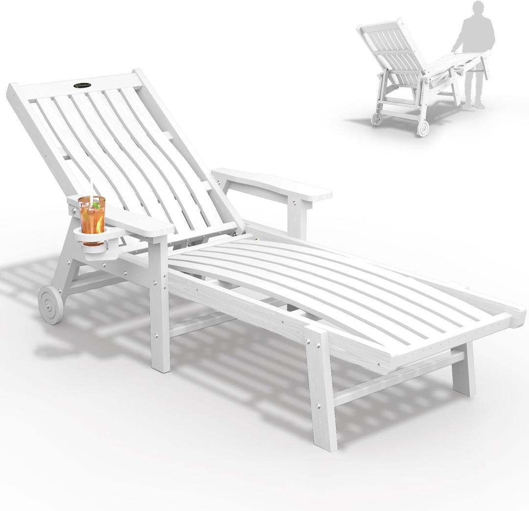 THOEOE Patio Chaise Lounge Chair, Lounge Chair Outdoor with 5 Positions, HDPE, Patio Lounge Chair with Wheels & Cup Holder for Pool, Deck, Poolside,White