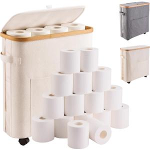 Toilet Paper Storage with Lid, Holds 12 to 16 Rolls, 33L Large Capacity & Space-Saving Design, Free Standing Toilet Paper Basket Organizer with Wheels, Waterproof Slim Bathroom Storage Holder (Beige)