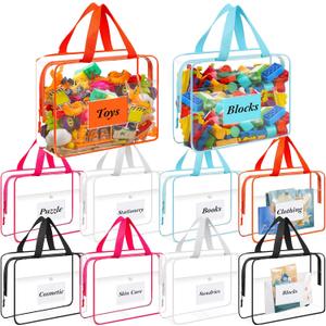 10 Pack Large Toy Storage Bags with Labels Reusable Clear PVC Board Game Organizer Travel Waterproof Case with Zipper for Building Blocks, Puzzle, Kids Books Makeup Tote Pouch(Classic Color)