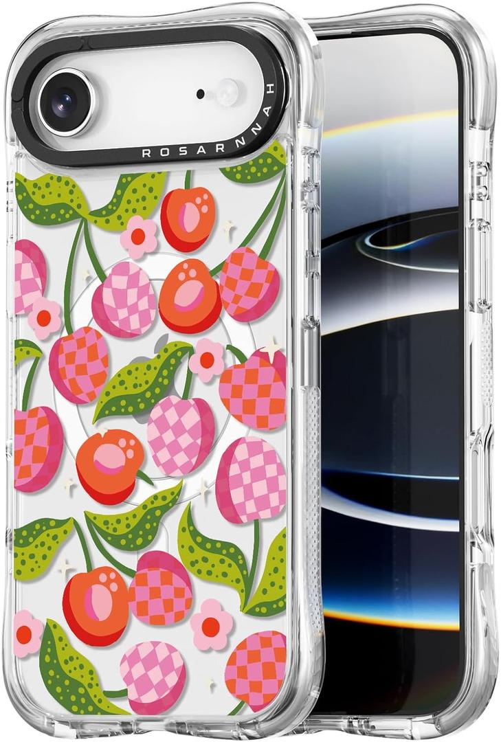 for iPhone Air Case Cute - Compatible with Magsafe - Military-Grade 20 ft Drop Protection Shockproof Phone Case - Funny Checkered Cherry Design for iPhone 17 Air (6.5") Glitter Clear