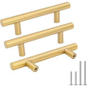 goldenwarm 10 Pack Gold Cabinet Handles Brushed Brass Drawer Pulls Gold Cabinet Pulls 3 inch - Kitchen Door Handles and Knobs Bathroom Bedroom Furniture Knobs Stainless Steel (3in Hole Centers)