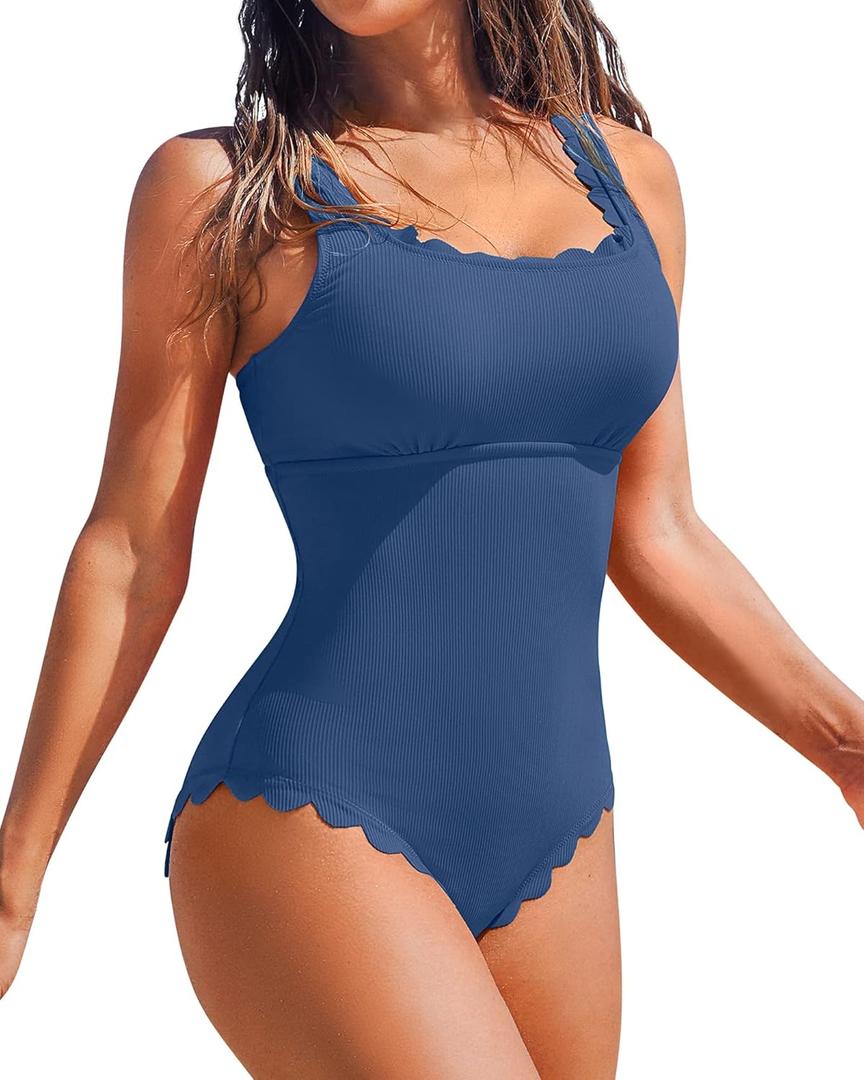 Charmo Womens Scalloped Ribbed One Piece Swimsuits Retro Square Neck Modest Bathing Suits (Medium, Blue)