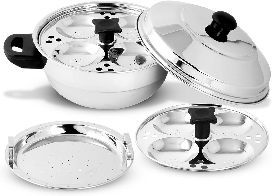 KSJONE Stainless Steel 4 pcs Multi Kadai (Induction Friendly) Idli Cooker with Stainless Steel lid, 2 idli Plates (8 Idlis), 1 patra Plate, Silver