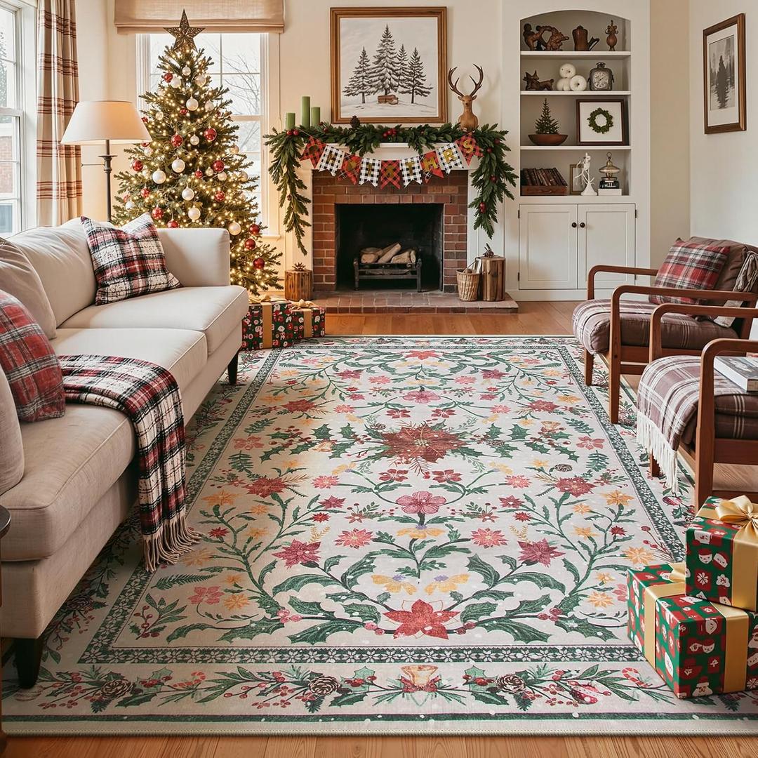 Wonnitar Christmas Rug for Living Room, Christmas Home Decor 8x10 Washable Rug, Ultra-Thin Soft Holiday Floral Print Non Slip Winter Indoor Carpet for Bedroom Kids Room Xmas Dining Room (White/Multi Color)