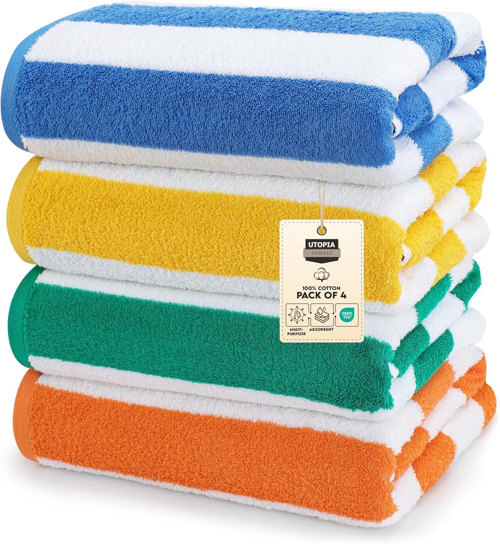 Utopia Towels 4 Pack Cabana Stripe Beach Towel, 30 by 60 Inches, Oversized 100% Ringspun Cotton Pool Towels, Highly Absorbent Bath Towels for Beach (Blue, Yellow, Green & Orange)