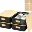 Bagnizer 4 Pack Plastic Storage Bins with Bamboo Lids, 6.2qt Stackable Storage Organizer Box with Lable for Pantry Shelves Drawers Desktop Office, 12"L x 8.3"W x 3.5"H, Black