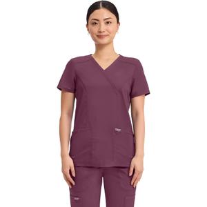 Cherokee Scrubs Top for Women Mock Wrap with 3 Pockets, Soft, 2-Way Stretch & Durable Fabric (Small, Wine)