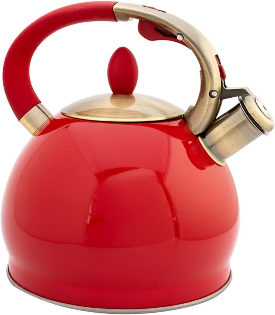 Whistling Tea Kettle, Cool Touch Ergonomic Handle Teapot, Stainless Steel Kettle Stove Top, Unique Button Control Kettle Outlet(Red,3L)