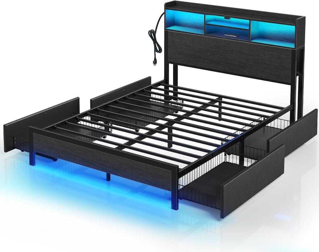 Rolanstar Full Bed Frame with Storage,4-Drawer Platform Bed with USB Charging Station,Built in LED Lights and Bookcase Headboard,No Box Spring Needed,Easy Assembly,Noise-Free,Black