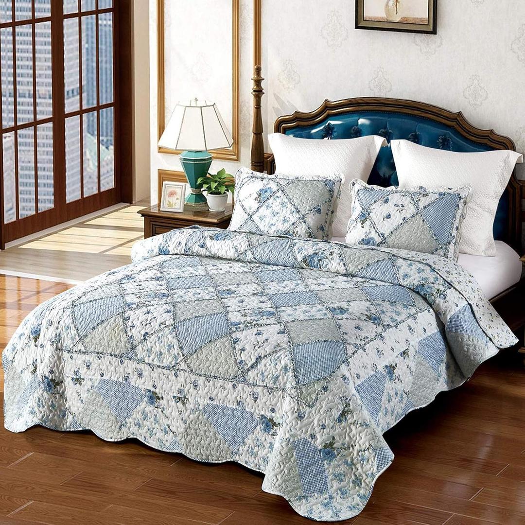 VIVILINEN Blue Floral Patchwork Quilt Set, Full Queen Size, 3 Piece Bedding Set with 2 Pillowcases