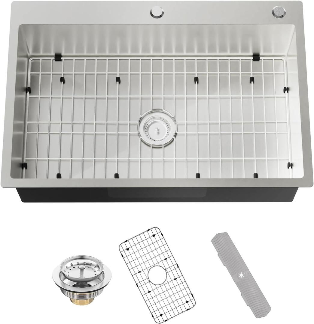 Stainless Steel Drop In 33x22 Inch Kitchen Sink - Modern Large Single Bowl Topmount Kitchen Sink Come With SS Grid,Silicon Mat,Drain Strainer Set Compatibility With Various Kitchen Styles, 33x22x9 inches