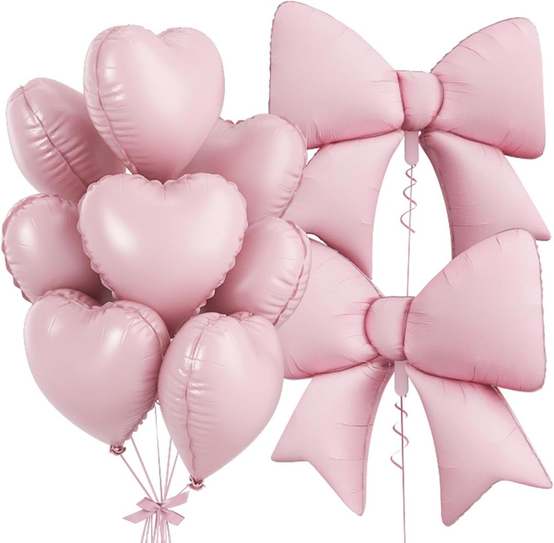 Pink Heart Balloons, Pink Bow Balloons, 10Pcs 18 Inch Heart Shaped Balloon and 38 Inch Helium Bow Foil Balloon for Girls Women Valentine's Day Baby Shower Bridal Shower Engagement Birthday Party Decor