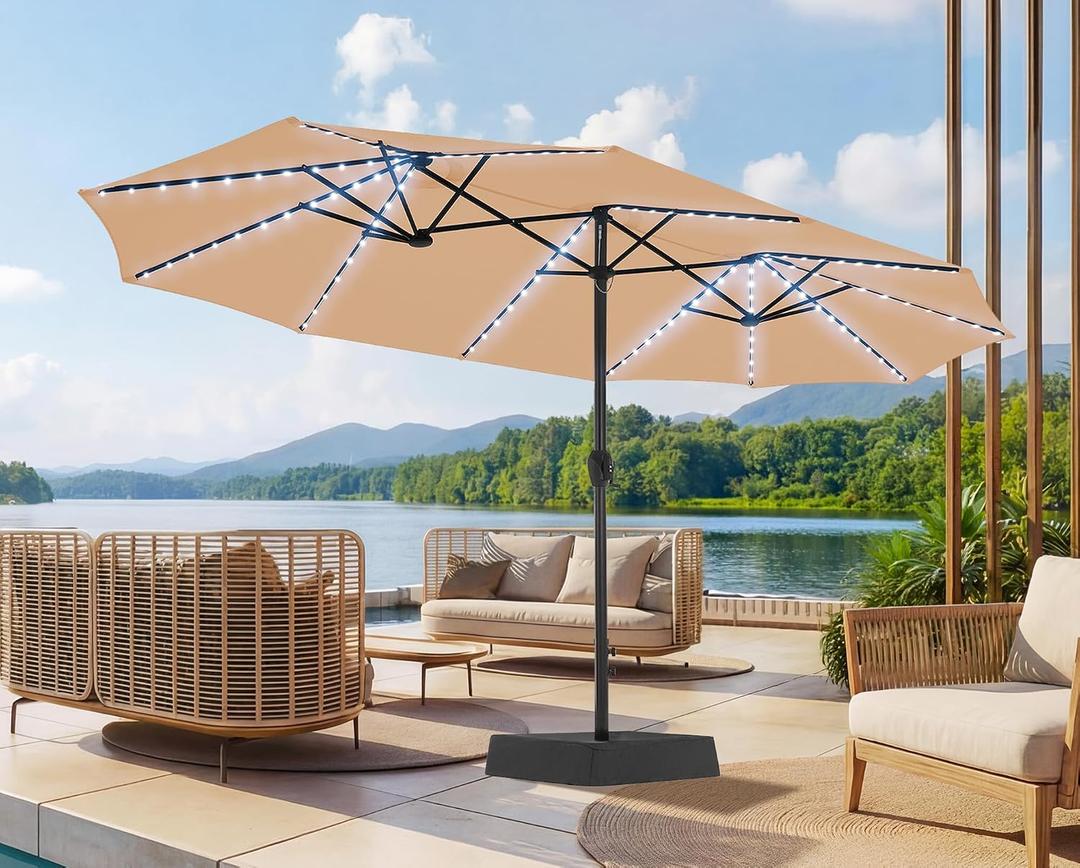 SUPERJARE 15ft Large Patio Umbrella with Base included, Double Sided Outdoor Umbrella with Solar Lights, Pool Umbrella with Fade Resistant Canopy for Deck, Porch, Yard, Balcony, Beige