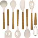 Silicone Cooking Utensil Set,Umite Chef 8-Piece Kitchen Utensils Set with Natural Acacia Wooden Handles, Silicone Kitchen Gadgets and Spatula Set for Nonstick Cookware - Khaki