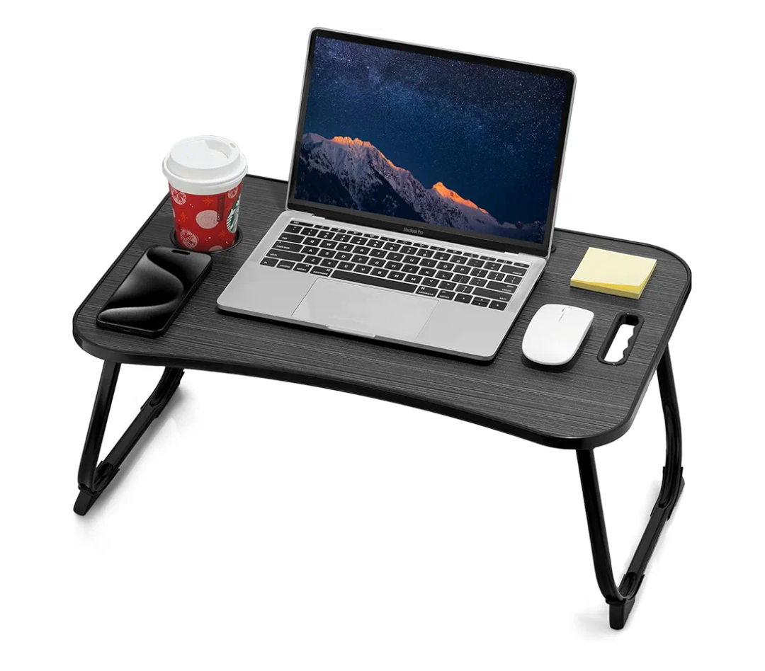 Laptop Bed Desk, Foldable Lap Desk, Portable Lap Table, Laptop Stand with Cup Holder & Tablet Slot & Lifting Handle for Working Writing Drawing & Eating - Black