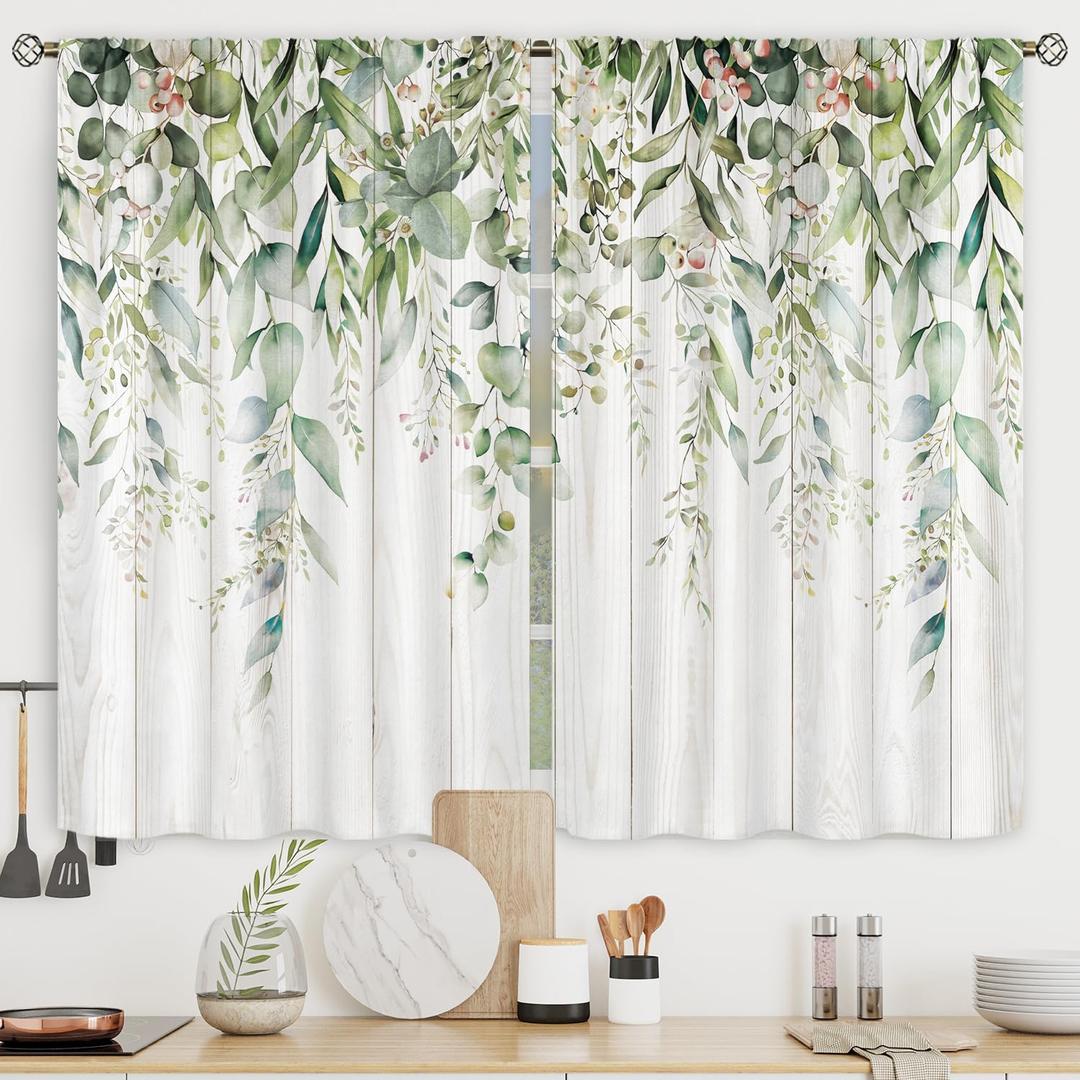 Riyidecor Sage Green Eucalyptus Leaves Kitchen Curtains Flower Watercolor Floral Spring Botanical Rod Pocket Plant Cafe Curtains for Bathroom Living Room Window Drapes Treatment Fabric 27.5 x 39 Inch