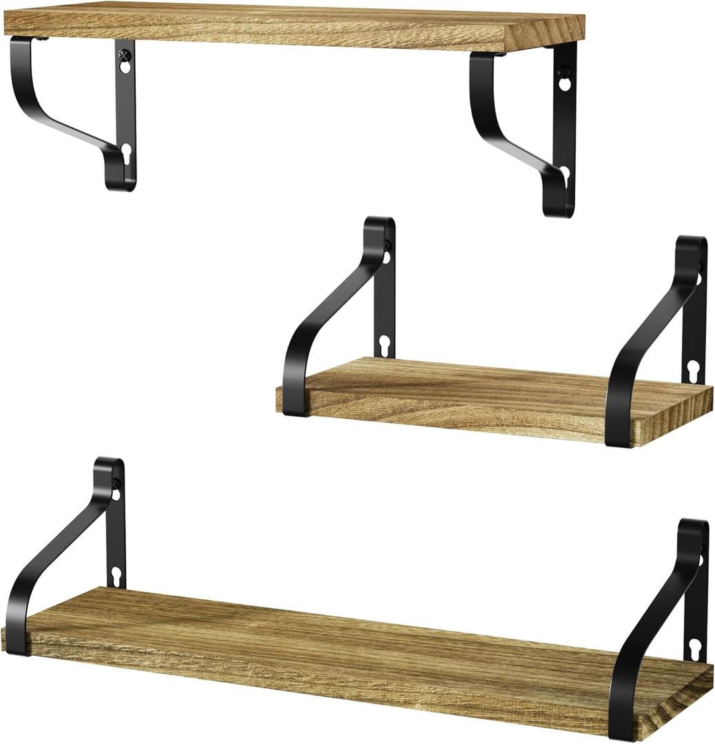 Love-KANKEI Floating Shelves Wall Mounted Set of 3, Rustic Wood Wall Storage Shelves for Bedroom, Living Room, Bathroom, Kitchen, Office and More Carbonized Black (Medium)