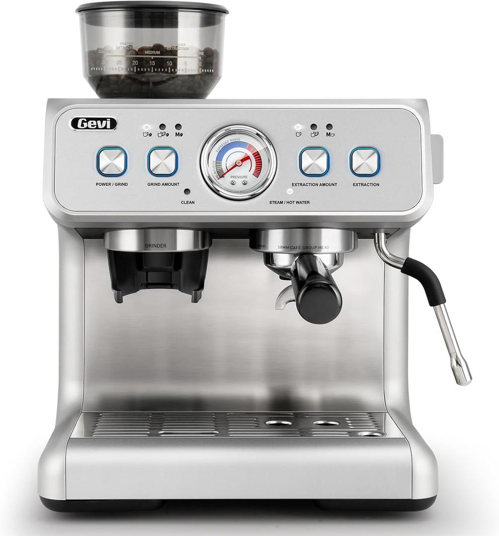Gevi Dual Boiler Espresso Machine with Built-in Grinder, 58mm Commercial Portafilter, Barista Steam Wand, 31 Grind Settings, Stainless Steel, for Home Barista Use, Sterling Silver
