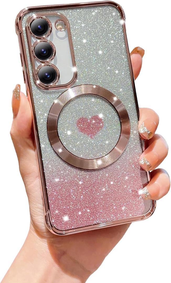 FABSPARK for Samsung Galaxy S24 Phone Case, Compatible with Magsafe, Magnetic Plating Glitter Gradient Cute Heart Clear Case, Camera Protection for Samsung Galaxy S24 6.2 Inch, Pink