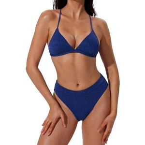 SUUKSESS Women Sexy Triangle Bikini Sets Textured High Cut 2 Piece Bathing Suit (Blue, M)