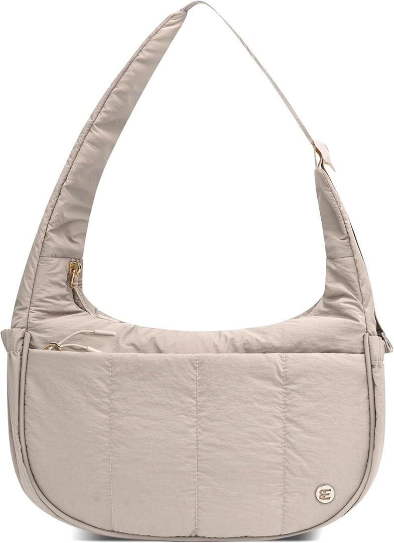 Puffer Crescent Shoulder Bag for Women, Small Nylon Puffy Quilted Shoulder Purse with Adjustable Strap & Multiple Pockets (Mocha Brown)