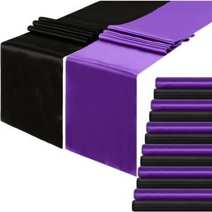 12 Pack Satin Table Runner Black, Purple Table Runners Long Bright Silk and Smooth Fabric 12 x 108 Inch for Wedding Party New Years Holiday Table Decoration