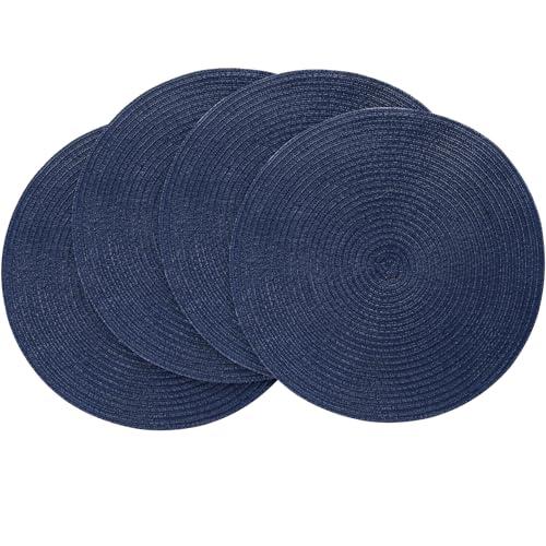Floroom 15 Inch Round Braided Placemats Set of 4, Washable Heat Resistant Cotton Polyester Circle Place Mats for Kitchen Dining Table - Navy Blue