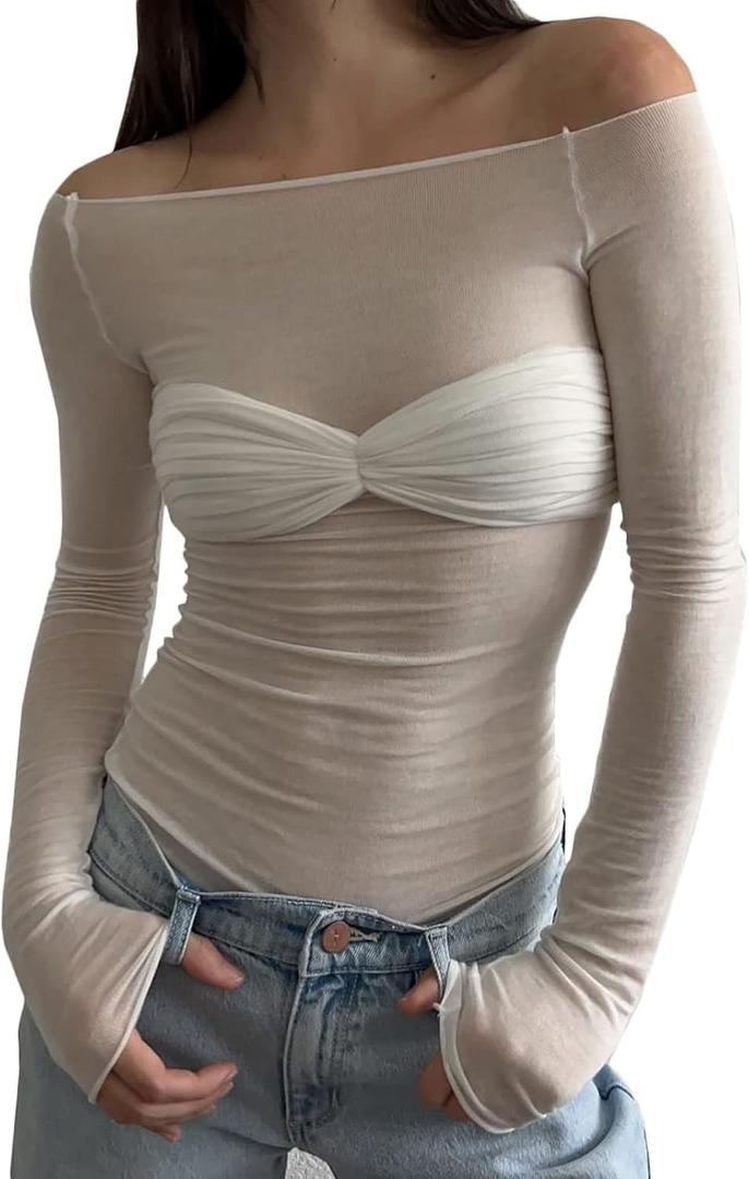 Women's Sexy Crop Top Long Sleeve Off Shoulder Going Out Tops Slim Fit Mesh Ruched Twisted Blouse Y2K T Shirt, S