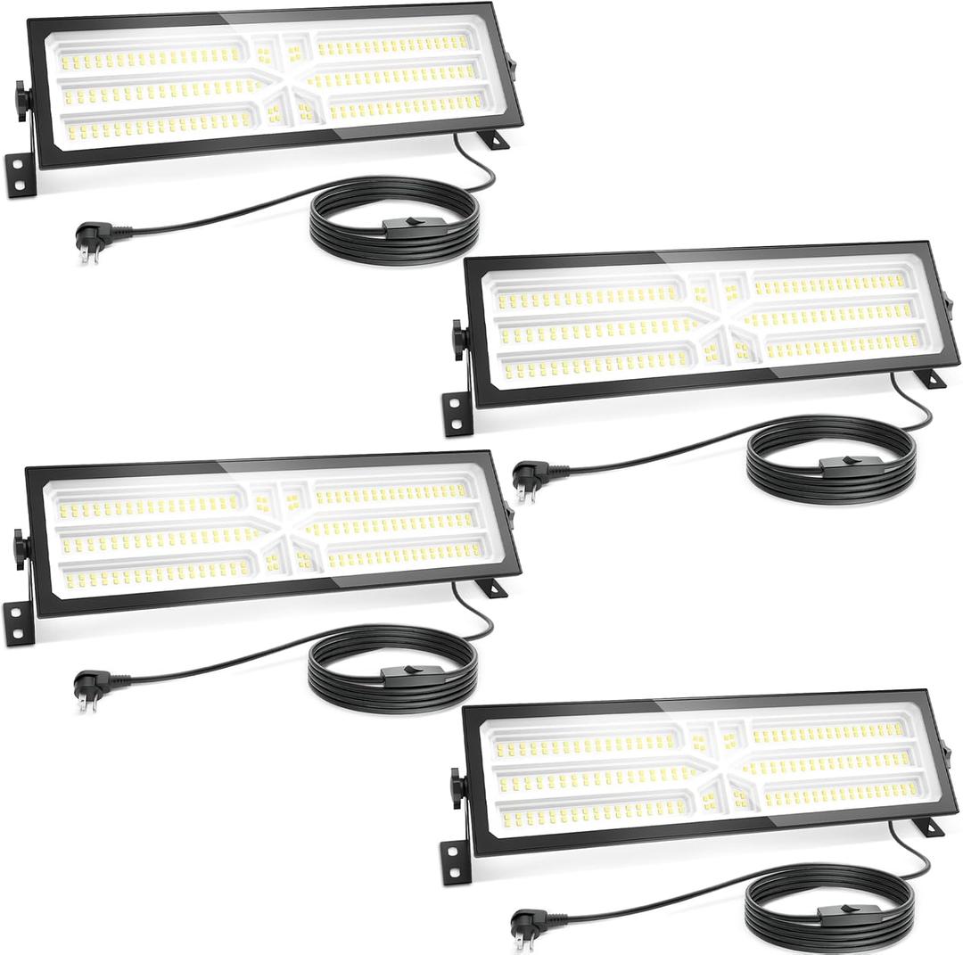 4 Pack Linkable LED Shop Light (Built-in Outlet) - 100W 15000LM Aluminum Plug in Garage Light w/ 9.84 ft Power Cord and On/Off Switch, 6000K Shop Lights for Garage, Workshop