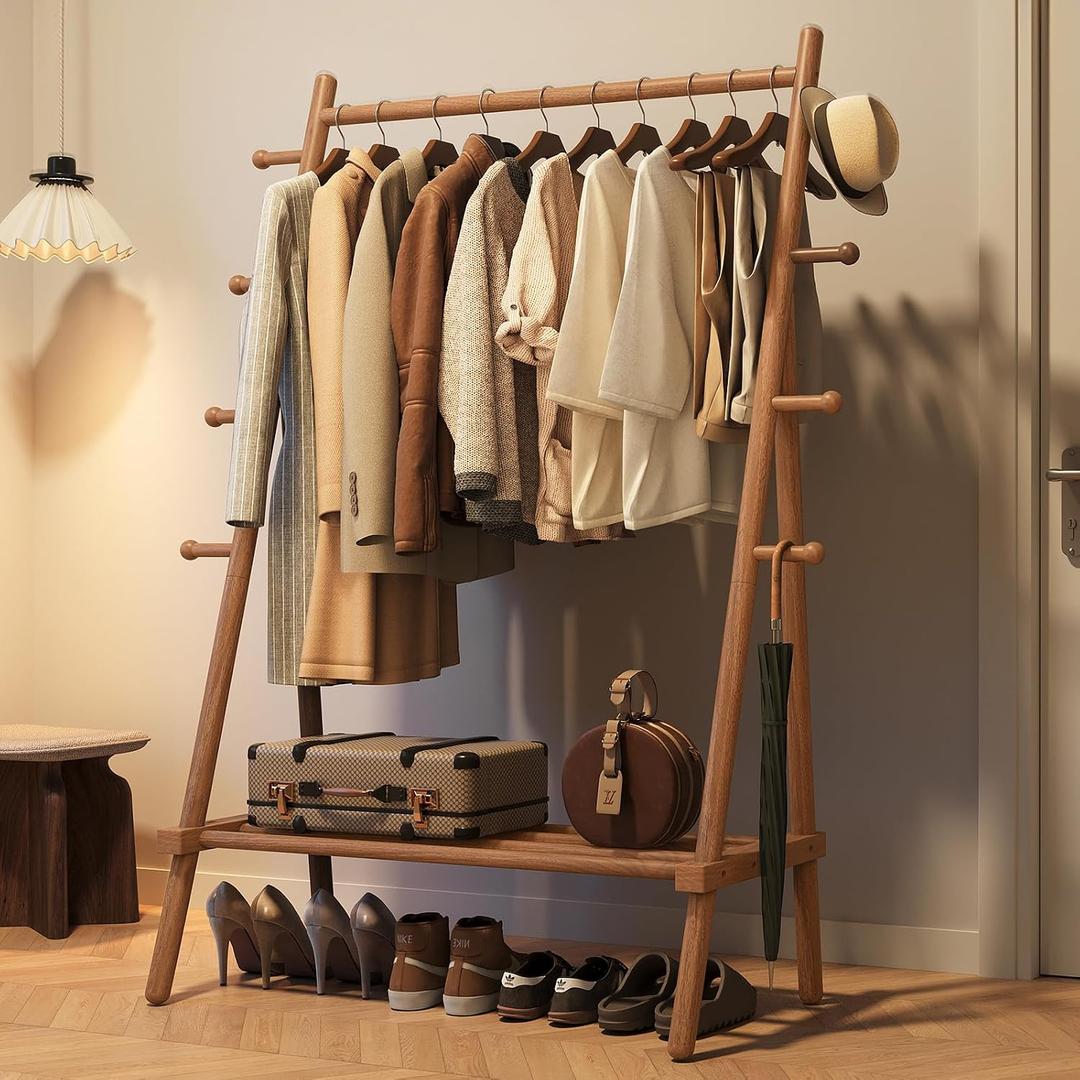 Yoobure Solid Wood Clothes Rack - Heavy Duty Clothing Racks for Hanging Clothes with 8 Hooks, Portable Garment Rack for Dress Shirt Shoe, Freestanding Wardrobe Coat Racks with Shelf for Closet Bedroom, 18.3"D x 49.5"W x 61.8"H