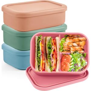Layhit 4 Pcs Silicone Bento Box Reusable Silicone Bento Lunch Container for Adults Microwave Dishwasher Freezer Safe (3 Compartments,Dark Colors)