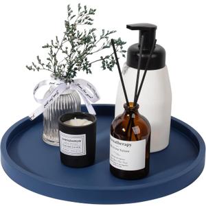 Silicone Bathroom Tray Round Vanity Tray Decorative Soap Holder Kitchen Countertop Organizer Coffee Table Decor for Candle, Perfume, Plant, 11 Inch, Dark Blue