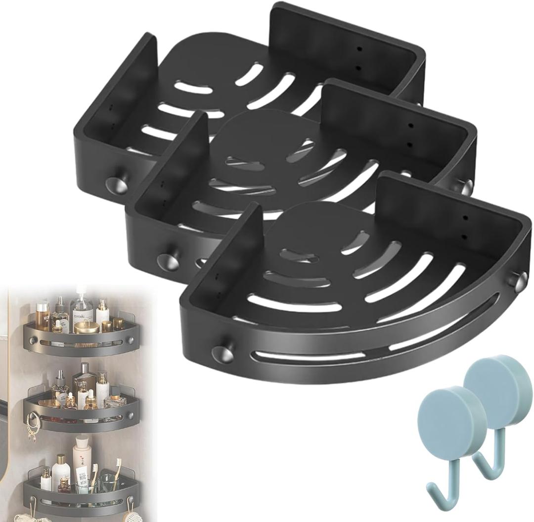 Bathroom Triangle Shelf, Corner Caddy Shower Shelf, Wall Mounted No Drilling, Adhesive Triangle Storage Baskets for Bathroom and Kitchen, Removable Suction Cup Rack (Black 3)