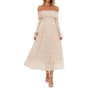 MEROKEETY Women's 2025 Fall Long Sleeve Floral Midi Dress Off Shoulder Wedding Guest Formal Long Flowy Dresses (Beige, S)