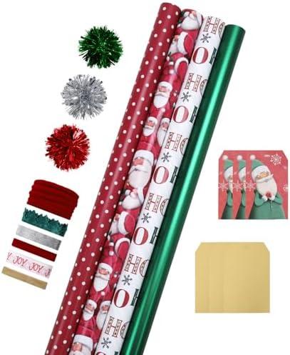 LaRibbons Christmas Wrapping Paper Sets, Santa & Snowflake & Gingham & Stripe Design with Ribbons & Gift Tags & Metallic Pom Pom for Christmas, Holiday, 30Inch × 10Feet（ 4 Rolls: 100 Sq.Ft.Ttl）