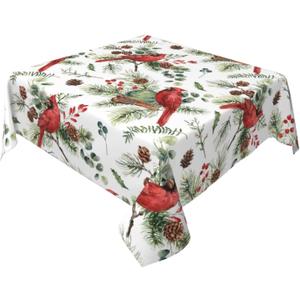 AEIOAE Christmas Tablecloth 54 x 54 Inch Square, Winter Red Birds Pine Tree Branch Table Cloth, Holiday Tablecloths Farmhouse Decorative for Home Kitchen Dining Party