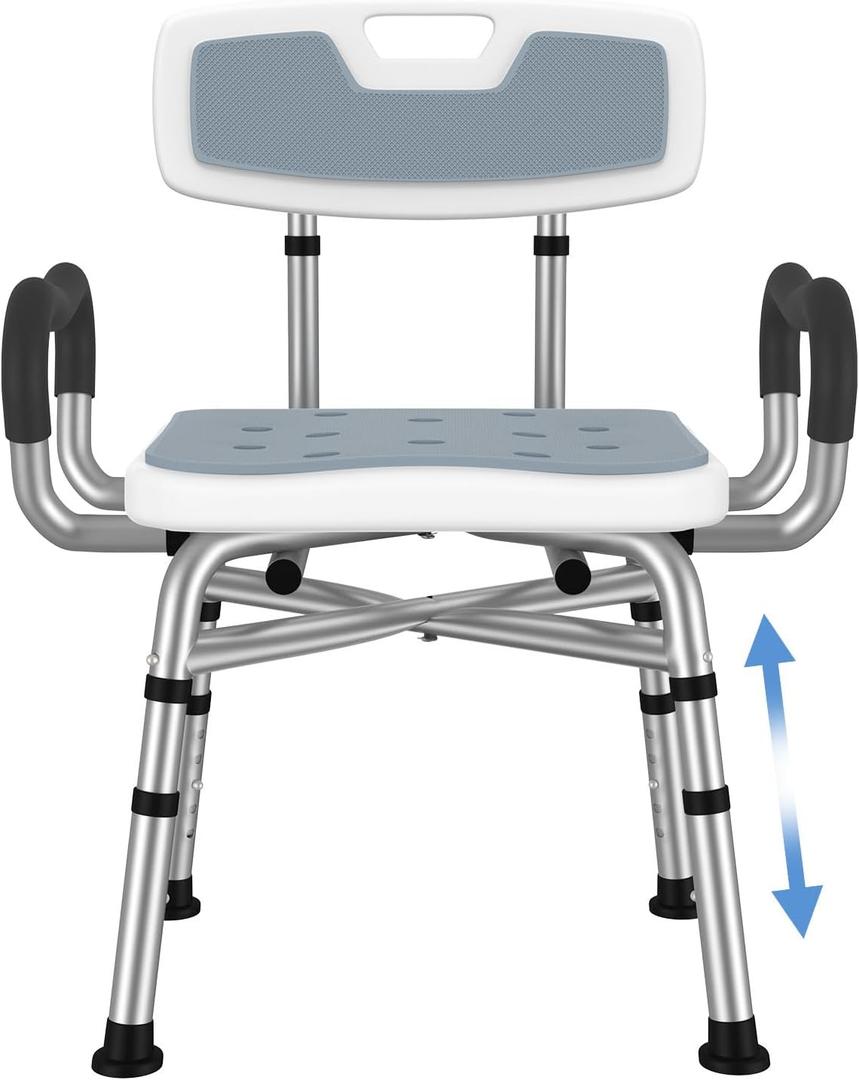 Adjustable Shower Chair with Arms & Back, Stable Heavy Duty 550lbs Safety Bathtub Seat with Non-Slip Feet, Rust-Resistant Aluminum Frame & Tool-Free Assembly for Elderly & Disabled (White)