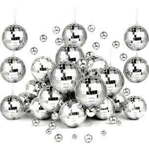 37 Pcs Mini Disco Mirror Ball Ornaments, Silver Disco Mirror Ball, Fun Silver Hanging for Party Decoration, Christmas Tree Ornaments Disco Ball Cup Toppers Wedding Birthday Party Festive Dance