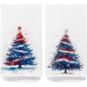 Red White and Blue Christmas Tree Kitchen Towels, USA Flag Patriotic Christmas Dish Tea Towels, 4th of July Independence Day Xmas Tree Hand Towel for Bathroom Kitchen, 16x24 Inch Set of 2