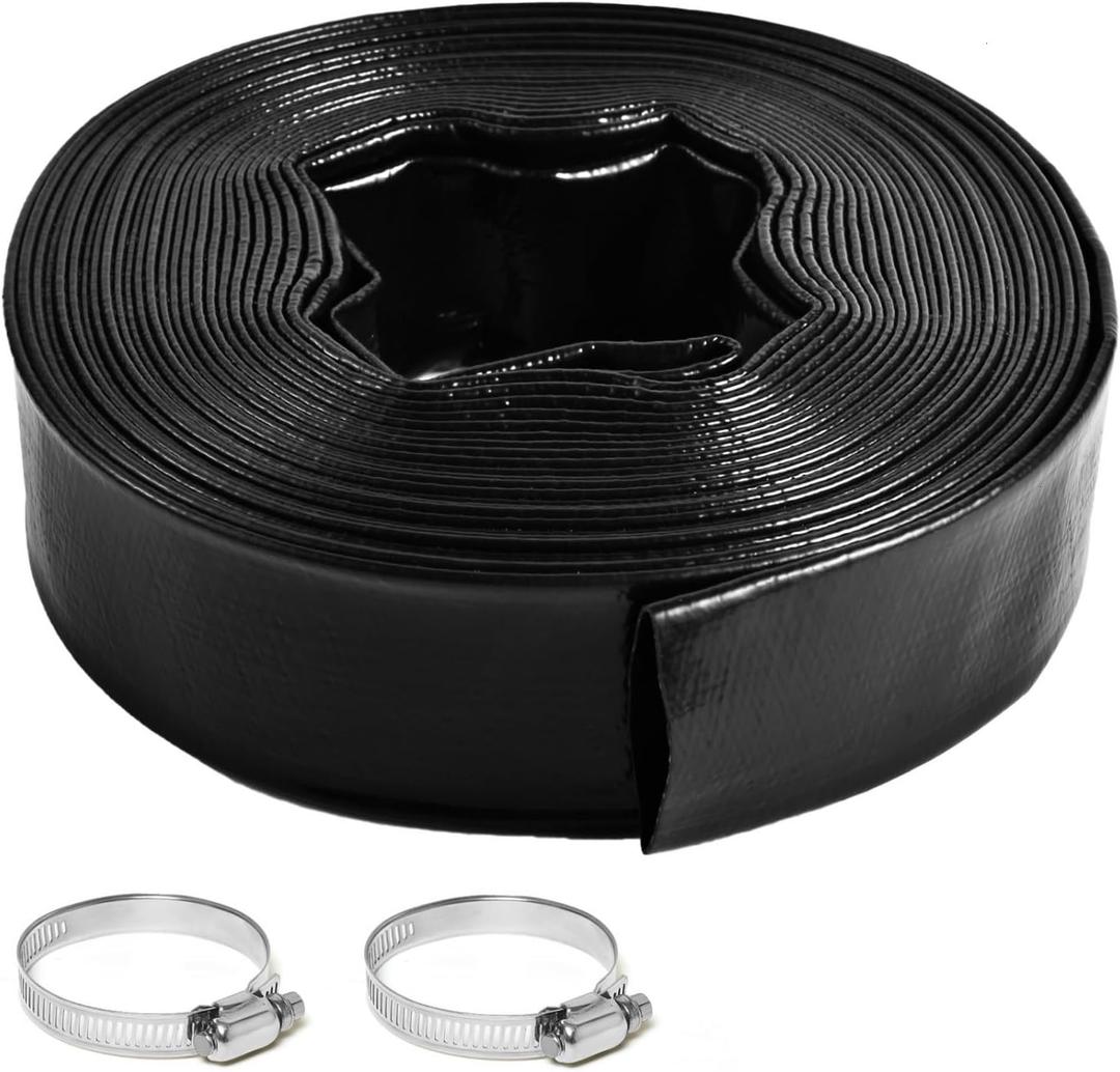 Pool Backwash Hose 1 1/2 Inch Diameter x 50 Feet - Heavy-Duty PVC Pool Drain Hose, Reinforced Discharge Hose with Clamp for Swimming Pools, Black