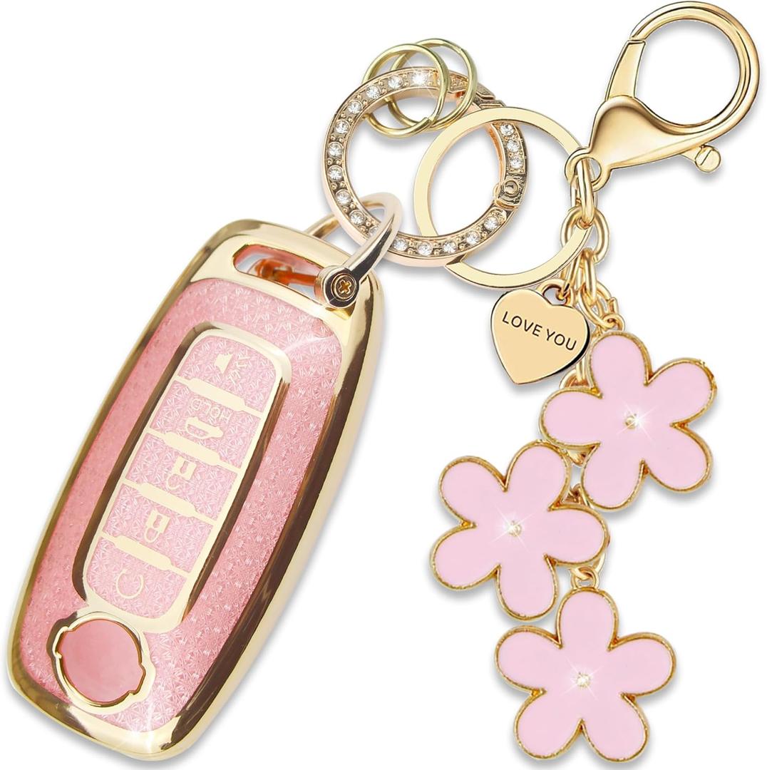 Pink TPU Key Fob Cover with Plum Blossom Keychain Compatible with Nissan Pathfinder 2023-2025,Rogue 2023-2025,Kicks 2023-2025,Sentra 2023-2025 5-Button Smart Key for Women