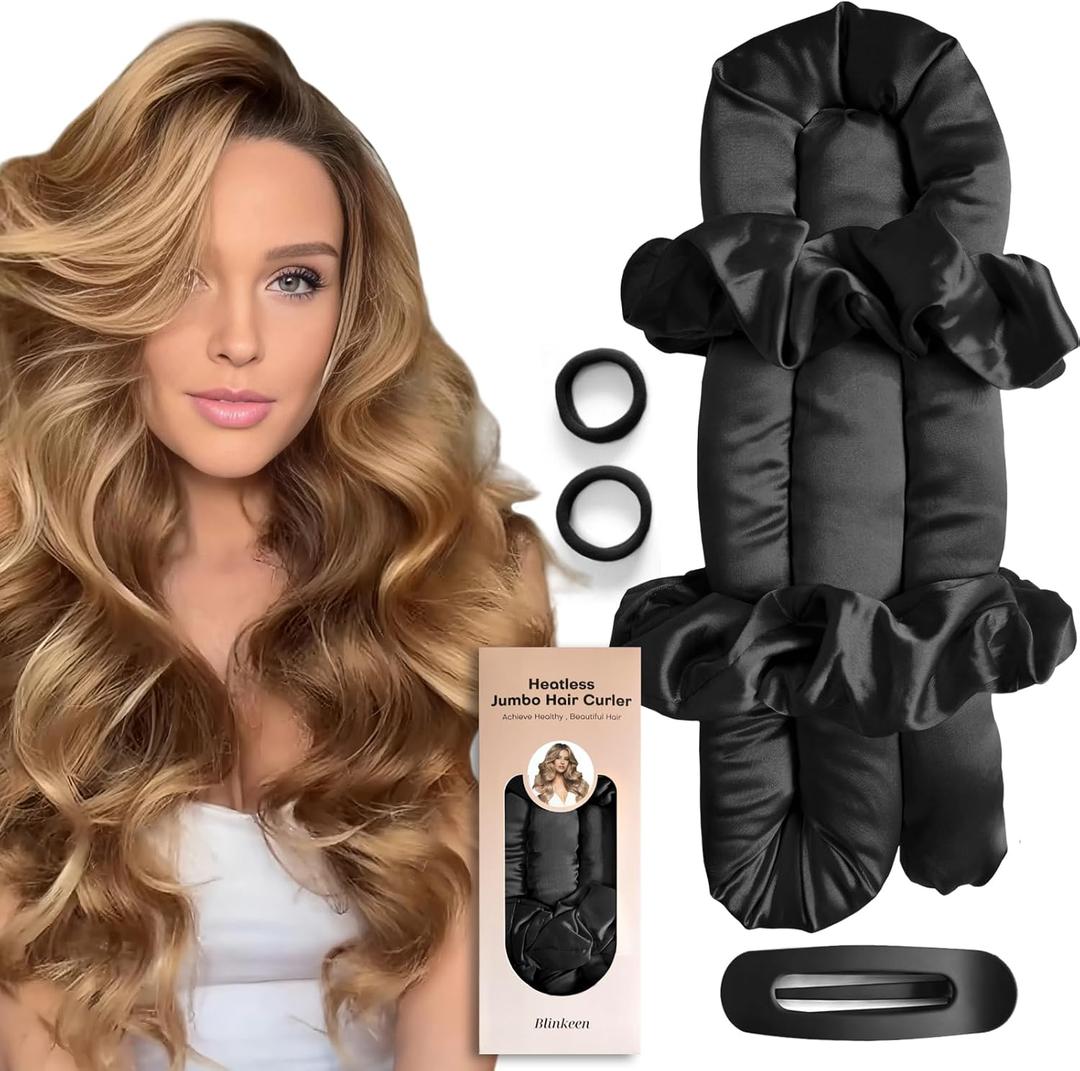 BLINKEEN Jumbo Heatless Hair Curler Set-Satin Heatless Curls Overnight, Jumbo Curling Rod Headband, No Heat Curlers To Sleep in (Black)