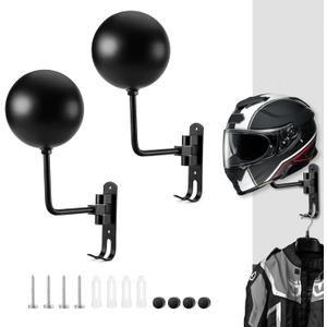 Motorcycle Helmet Rack 2 PCS, Helmet Holder Wall Mount 180 Degree Rotation Helmet Hanger with Double Hook for Coats, Caps, Hats, Motorcycle Accessories
