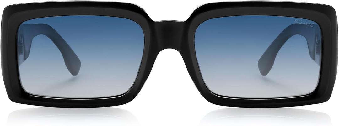 SOJOS Trendy Retro Rectangle Polarized Sunglasses Men 90s Vintage Square Womens Sunnies Shades SJ2388 (Black Frame Blue Grading Lens)