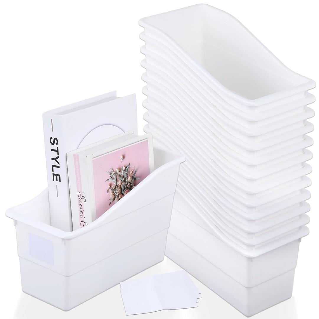 12 Pack Large Book Bins, Durable Magazine Organizer File Holder High-Quality Plastic Book Storage Bins with Labels for Classroom Library, Office, Desktop Organization, Bookshelf Categorization (White)