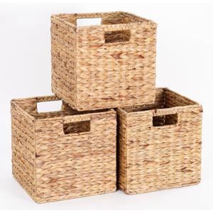 11x11x11in Water Hyacinth Storage Baskets, Woven Baskets for Storage, Wicker Storage Basket for Shelves Set of 3, 11 inch Cube Storage Bins
